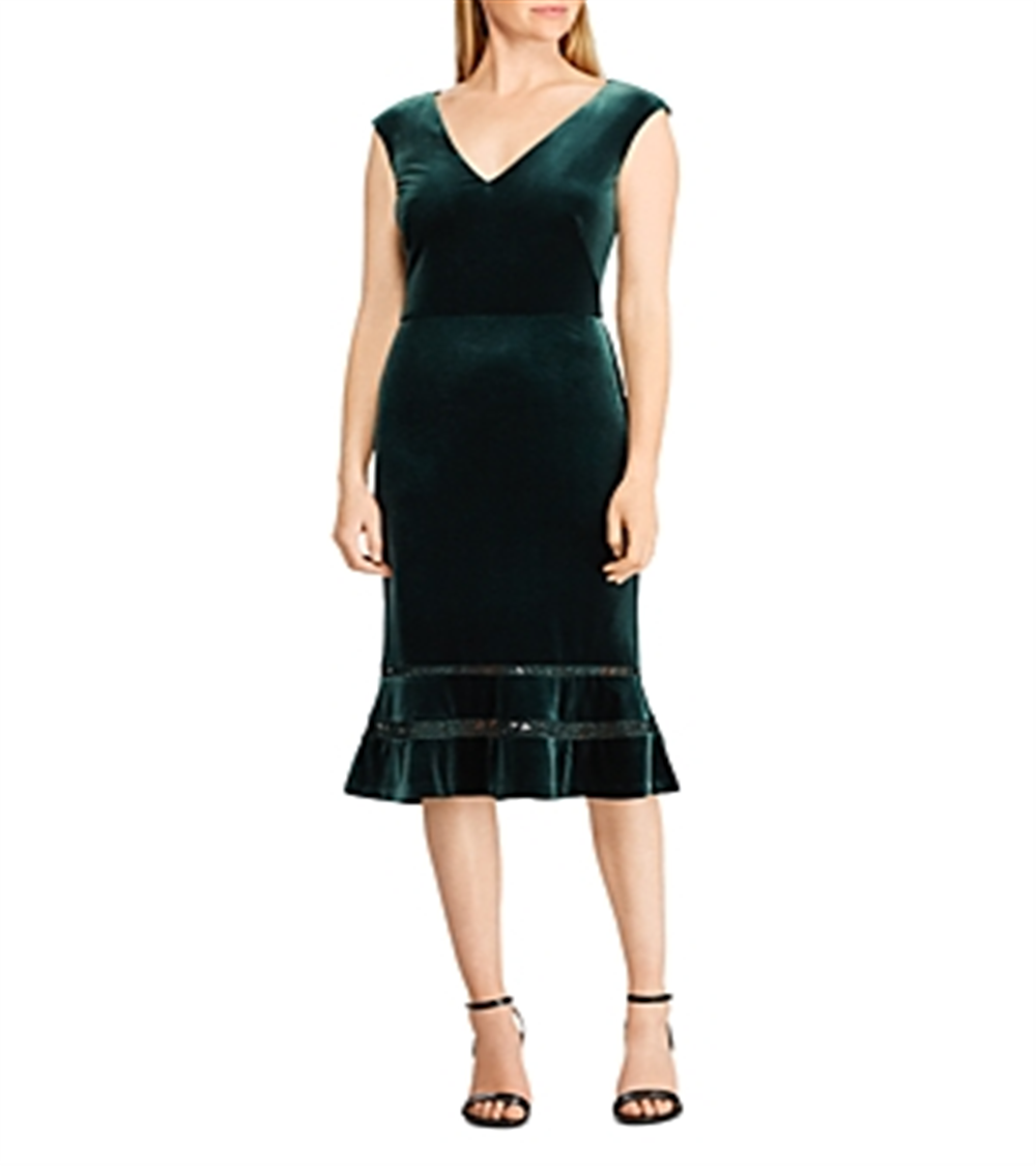 Vestido de coquetel Ralph Lauren feminino, decote em V, abaixo do joelho, verde, tamanho 4