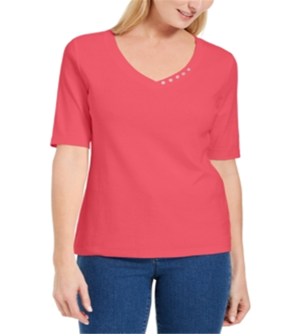 Blusa feminina Karen Scott com decote em V e detalhes em botões, laranja, tamanho pequeno médio