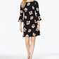 Vestido evasê feminino Tommy Hilfiger estampado em jersey com manga sino, preto, tamanho 16