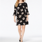 Vestido evasê feminino Tommy Hilfiger estampado em jersey com manga sino, preto, tamanho 16