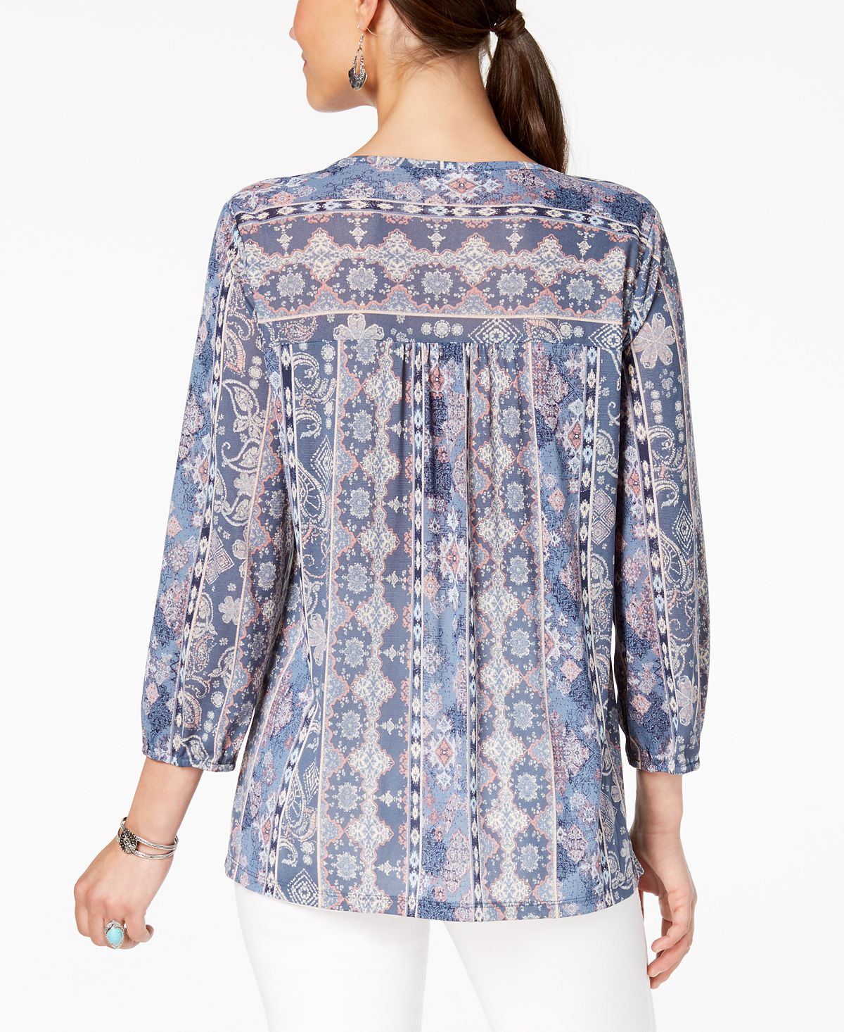 Blusa feminina estilo camponesa com estampa mista azul tamanho pequeno P