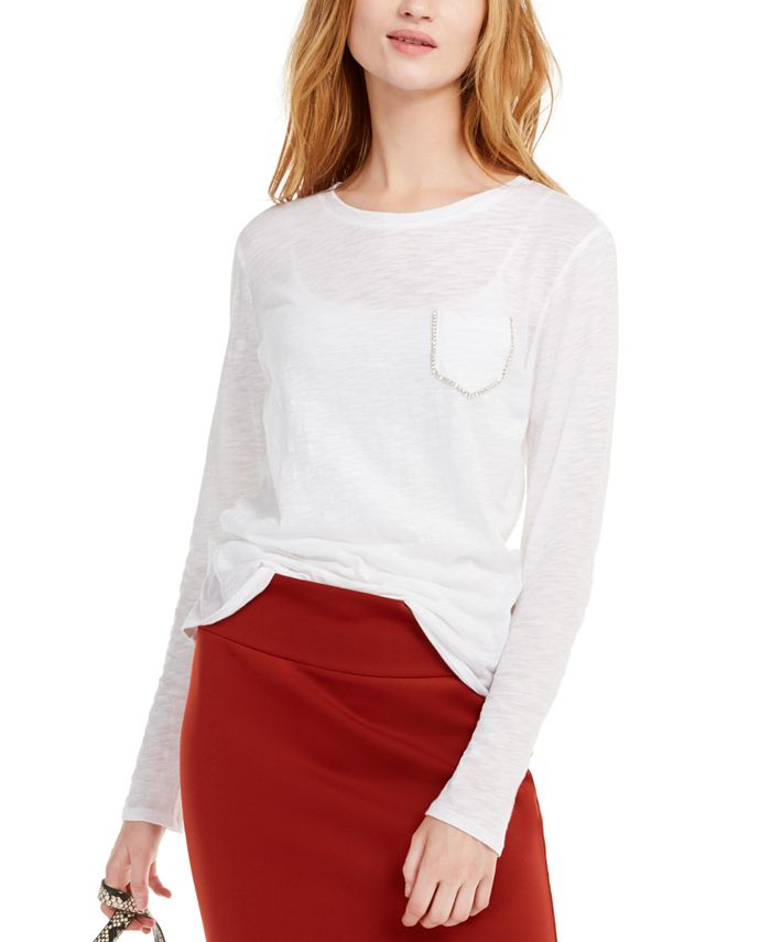 Blusa feminina de algodão com strass e bolso, tamanho médio, da INC International Concepts