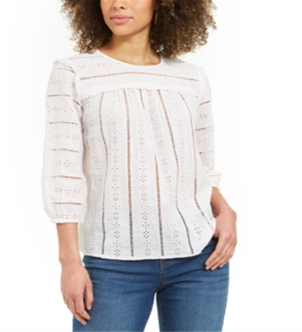 Blusa feminina listrada com ilhós e manga 3/4, estilo bege, tamanho pequeno