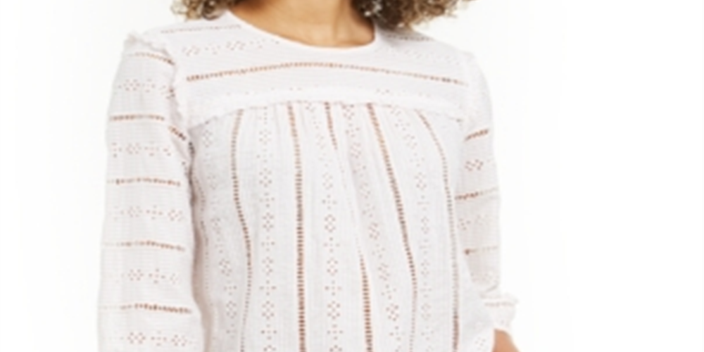 Blusa feminina listrada com ilhós e manga 3/4, estilo bege, tamanho pequeno