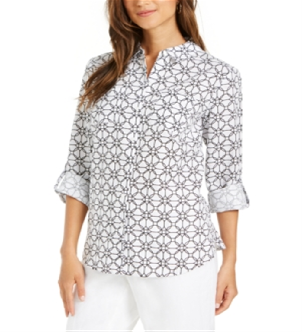 Camisa feminina Charter Club com mangas curtas e estampadas, tamanho pequeno, branca