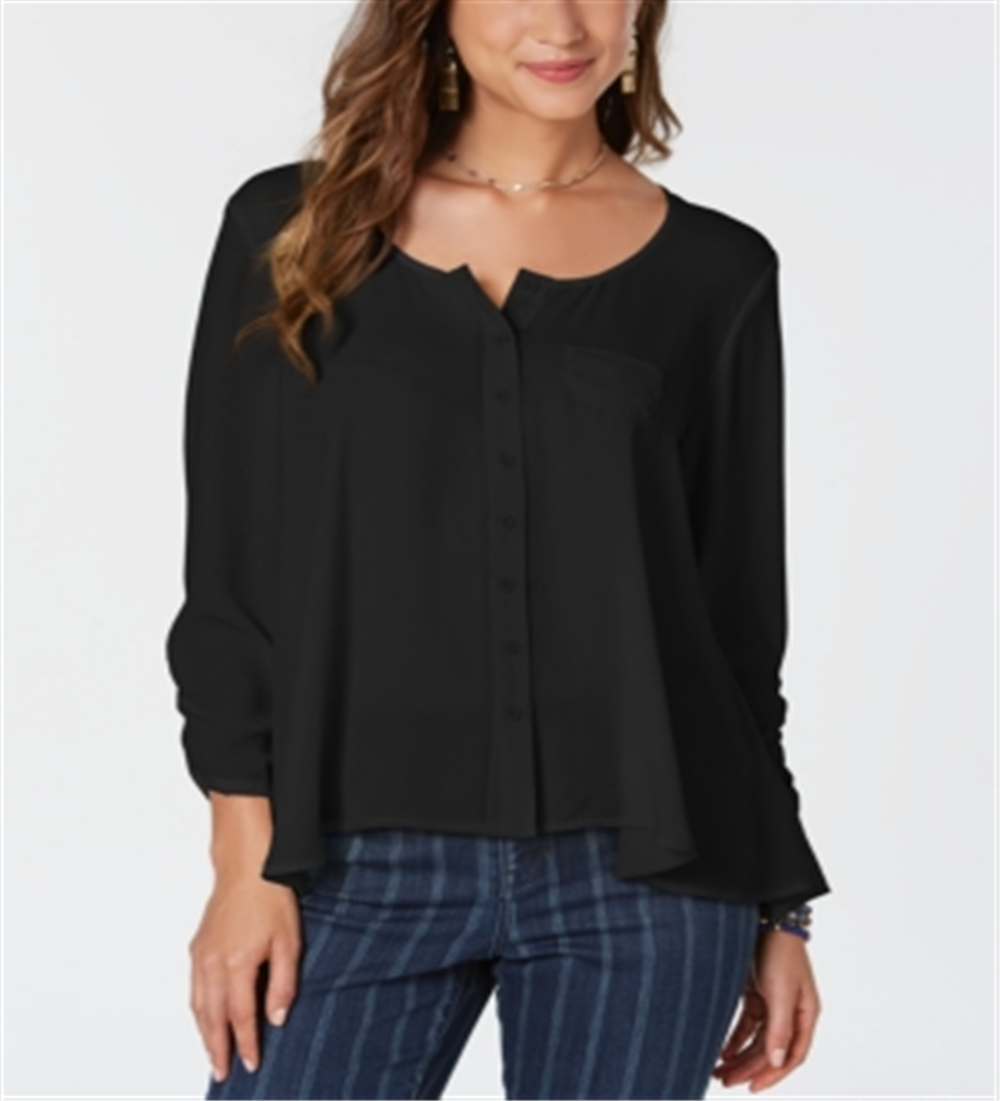 Blusa feminina com babados, manga comprida e decote redondo, preta, tamanho extrapequeno