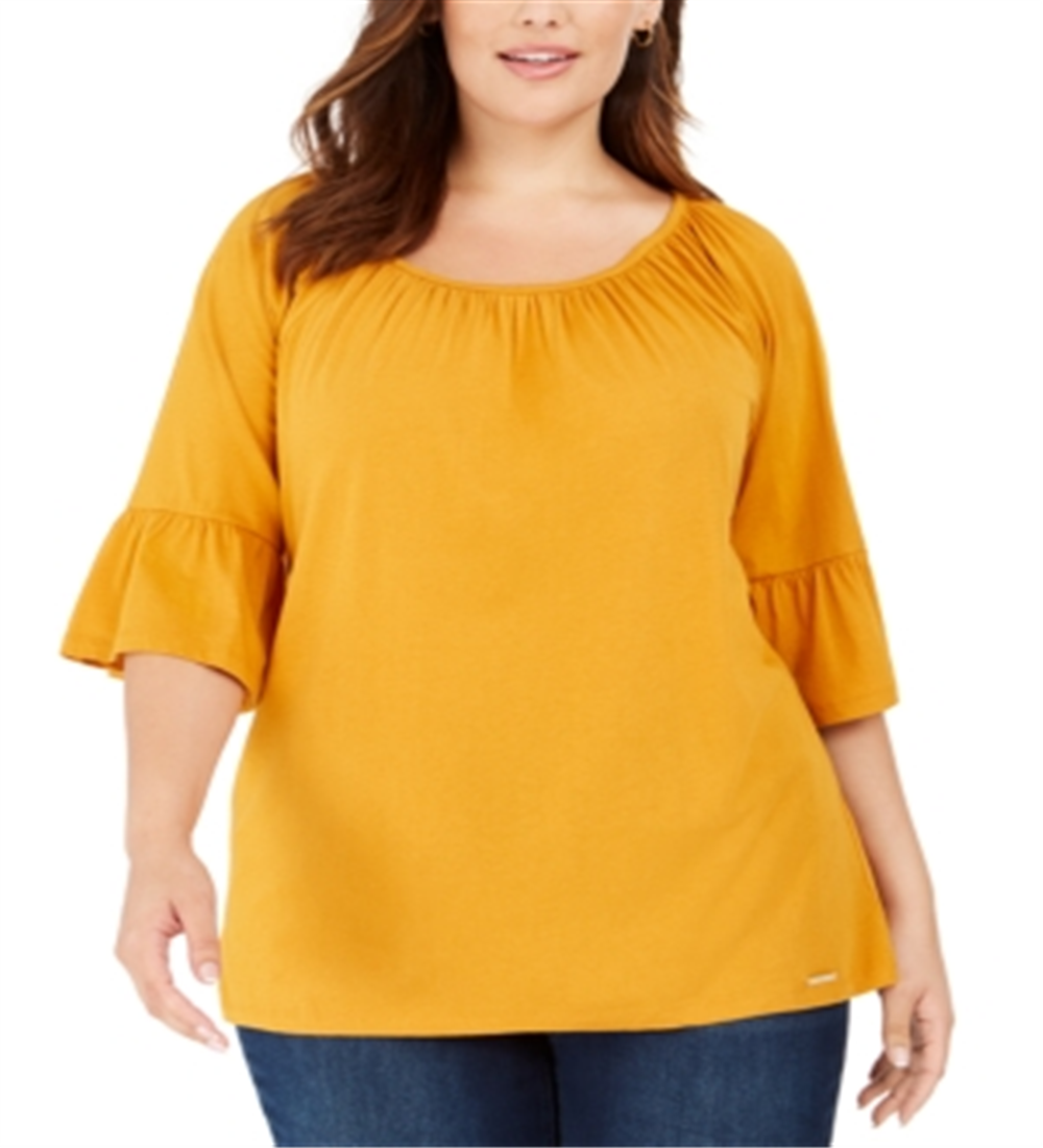 Blusa feminina estilo boho com manga sino e estampa camponesa Michael Kors, amarela, tamanho 1X