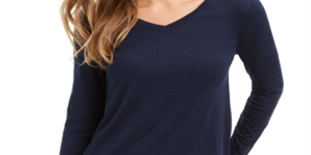 Camisa feminina de manga comprida com decote em V estilo &amp; co, azul, tamanho pequeno