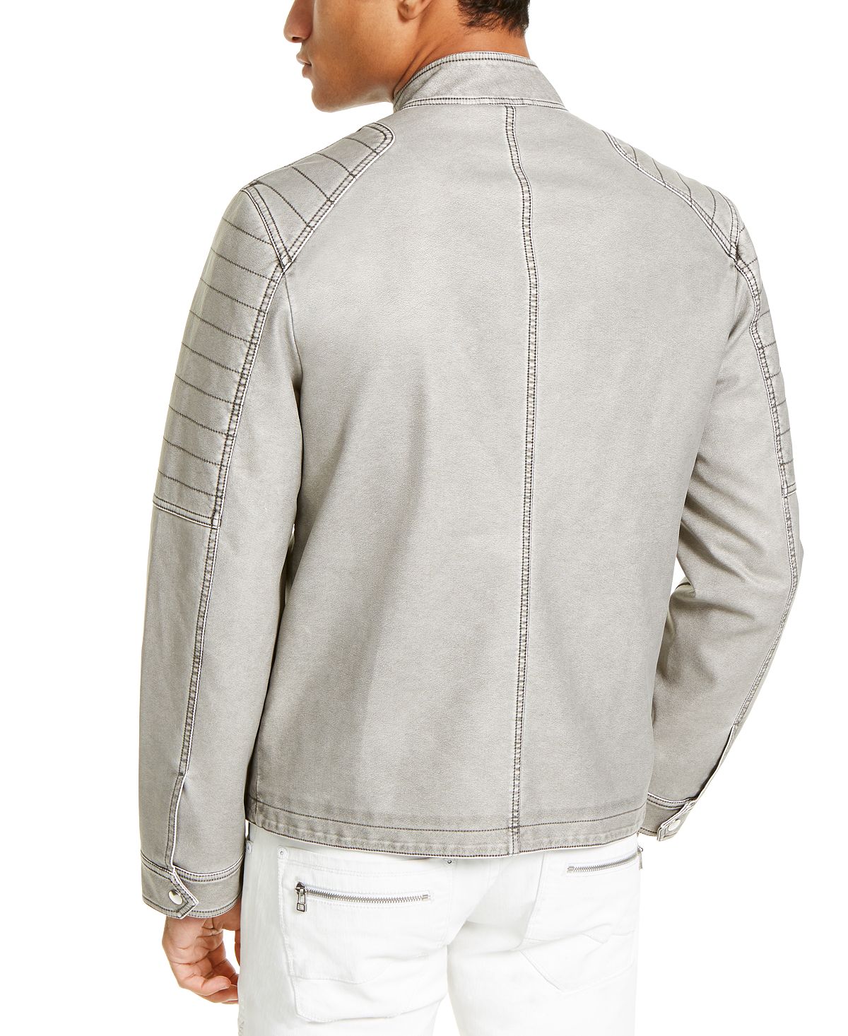 Jaqueta masculina de couro sintético com zíper completo para motocicleta da INC International Concepts, tamanho pequeno, cinza