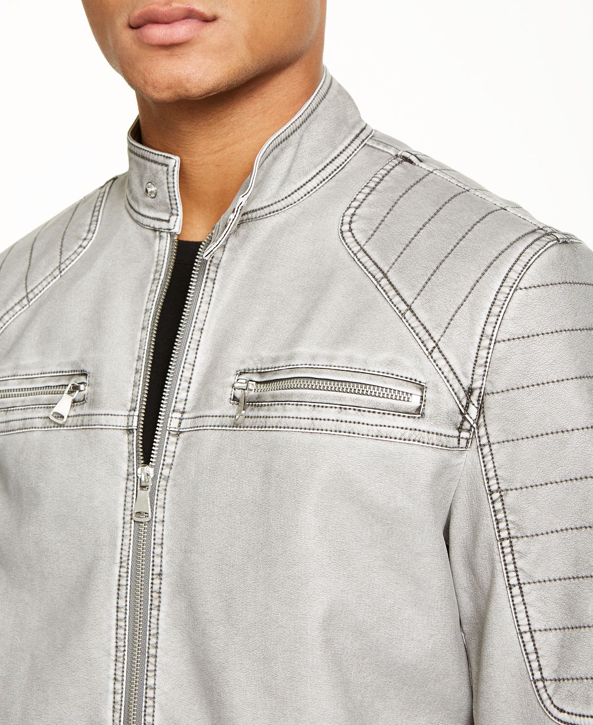 Jaqueta masculina de couro sintético com zíper completo para motocicleta da INC International Concepts, tamanho pequeno, cinza
