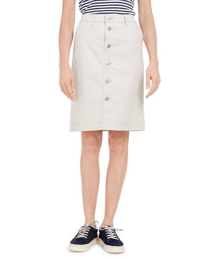 Saia jeans feminina Charter Club com botões frontais, tamanho 6, marfim