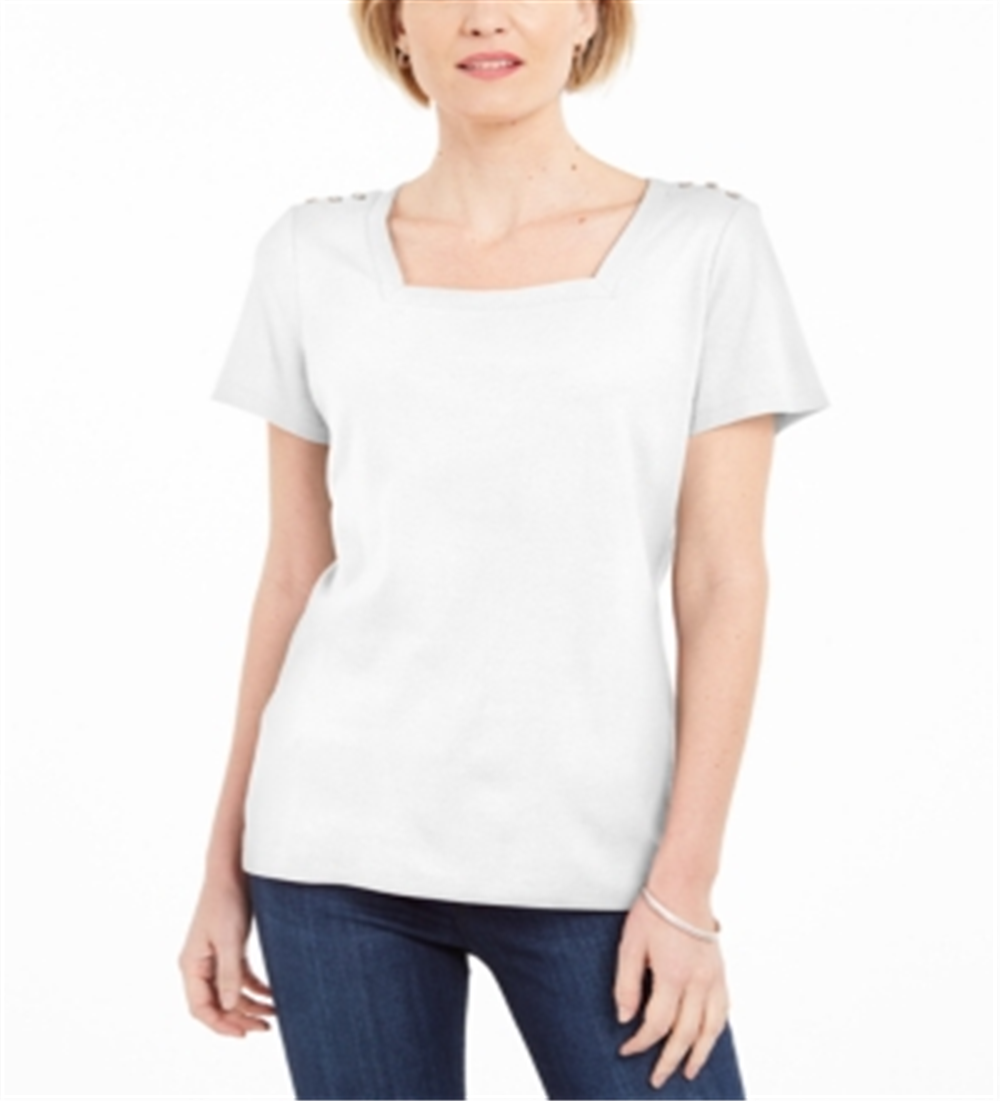 Camiseta feminina Karen Scott de algodão com gola quadrada, branca, tamanho pequeno