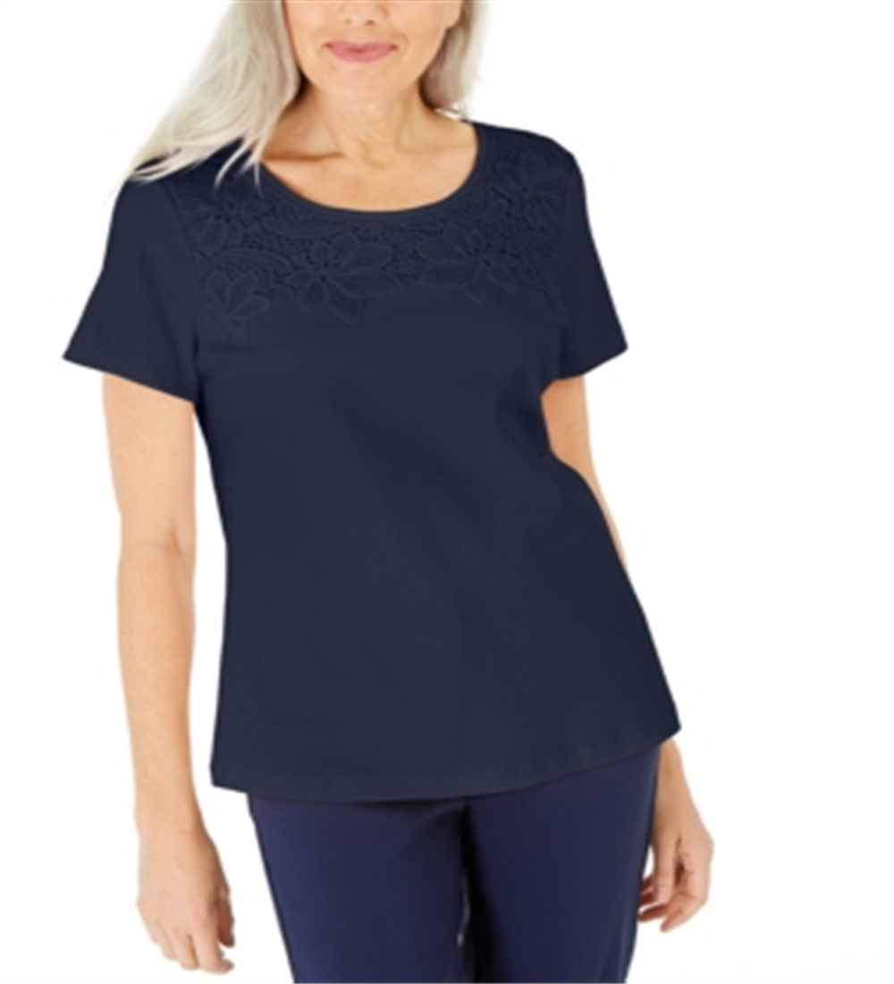Blusa feminina Karen Scott de algodão com crochê frontal, azul, tamanho XX-G