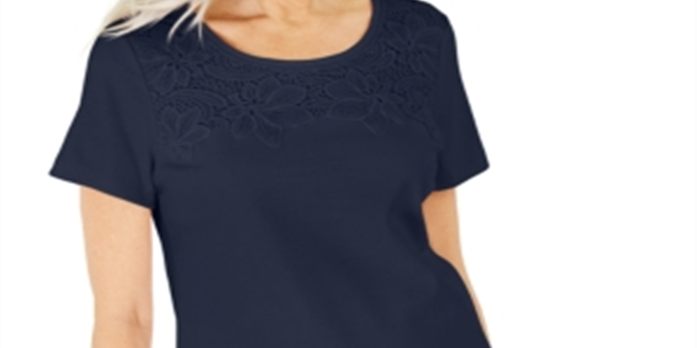 Blusa feminina Karen Scott de algodão com crochê frontal, azul, tamanho XX-G