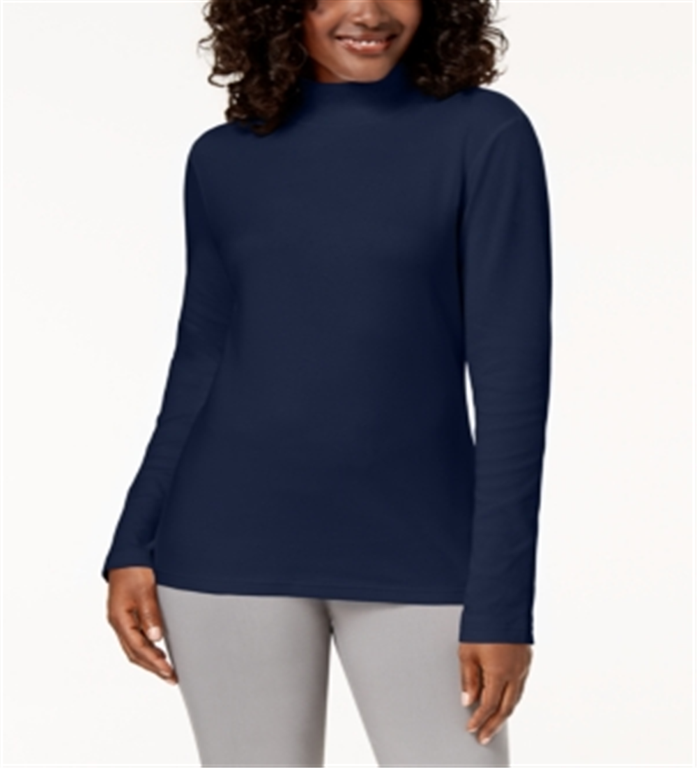 Karen Scott Blusa de algodão com gola alta e manga comprida feminina, azul, tamanho pequeno