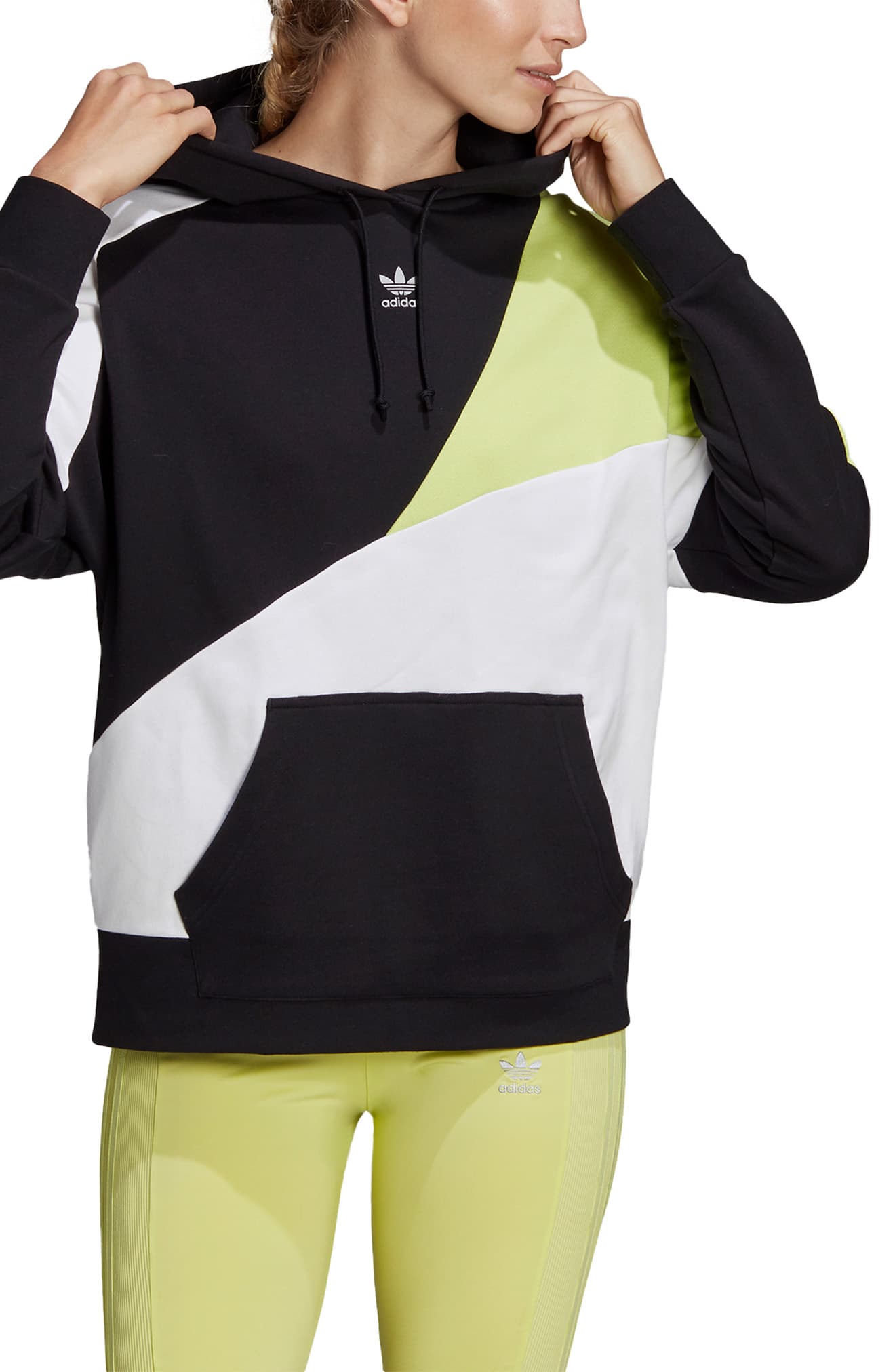 Moletom com capuz Adidas feminino de algodão com blocos de cores, preto, tamanho X-S