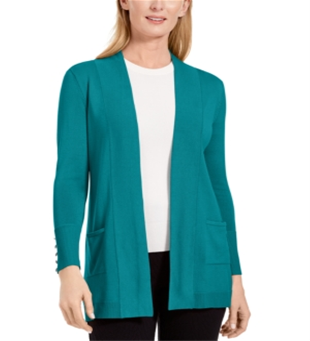 Cardigan feminino JM Collection com frente aberta, azul-petróleo, tamanho pequeno