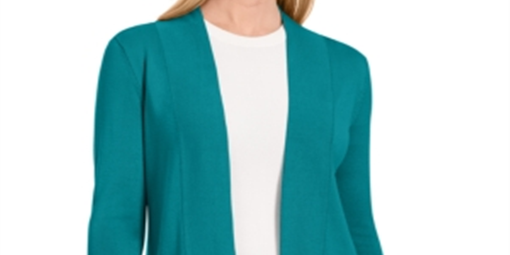 Cardigan feminino JM Collection com frente aberta, azul-petróleo, tamanho pequeno