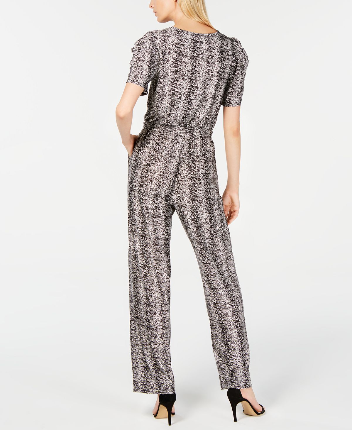 Macacão feminino estampado com manga bufante da NY Collection, preto, tamanho pequeno GG