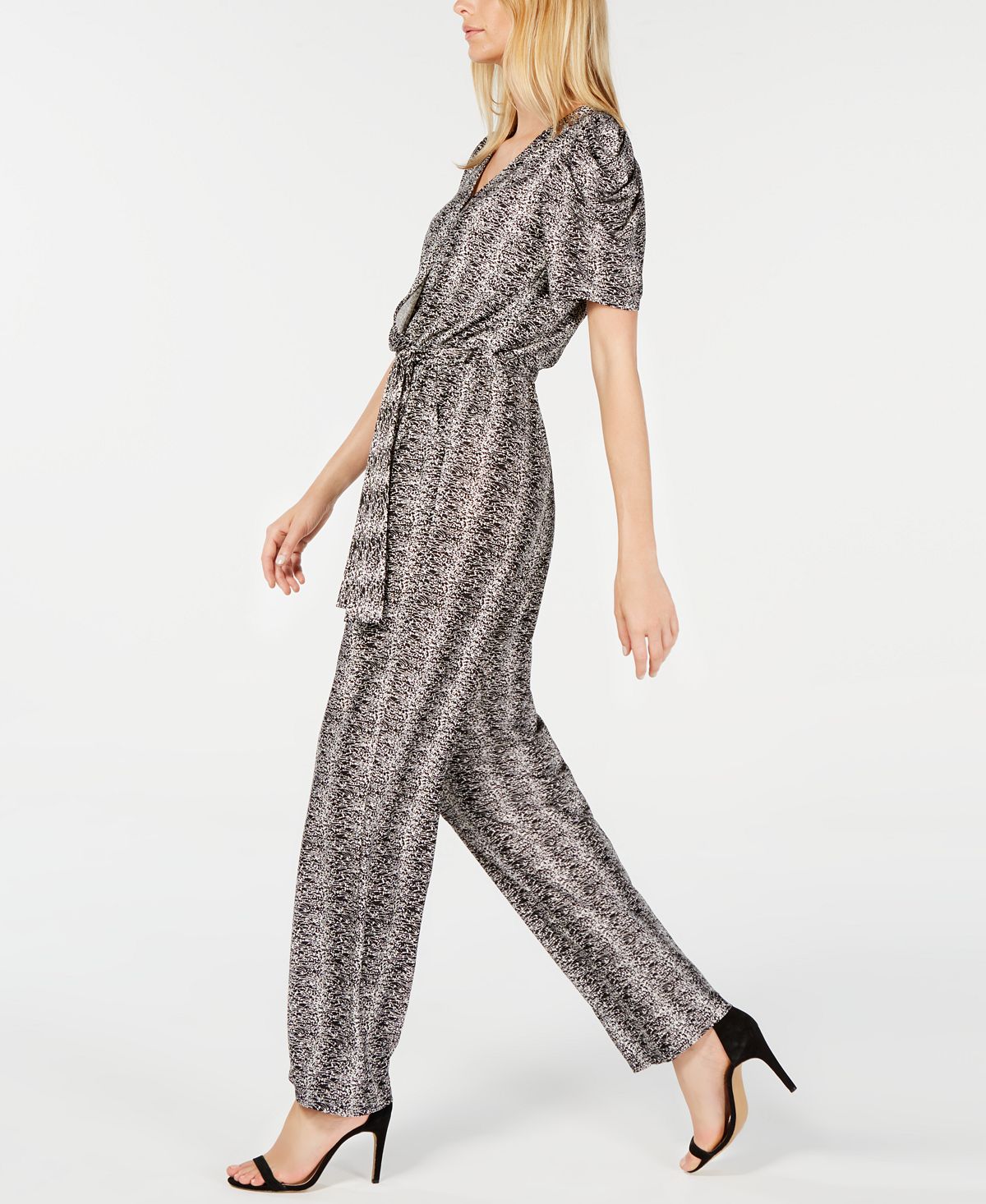 Macacão feminino estampado com manga bufante da NY Collection, preto, tamanho pequeno GG