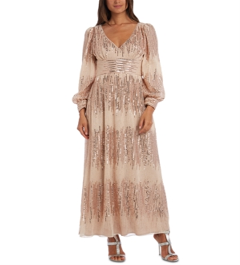 Vestido de noite longo e justo feminino R&amp;M Richard, bege, tamanho 10, pequeno