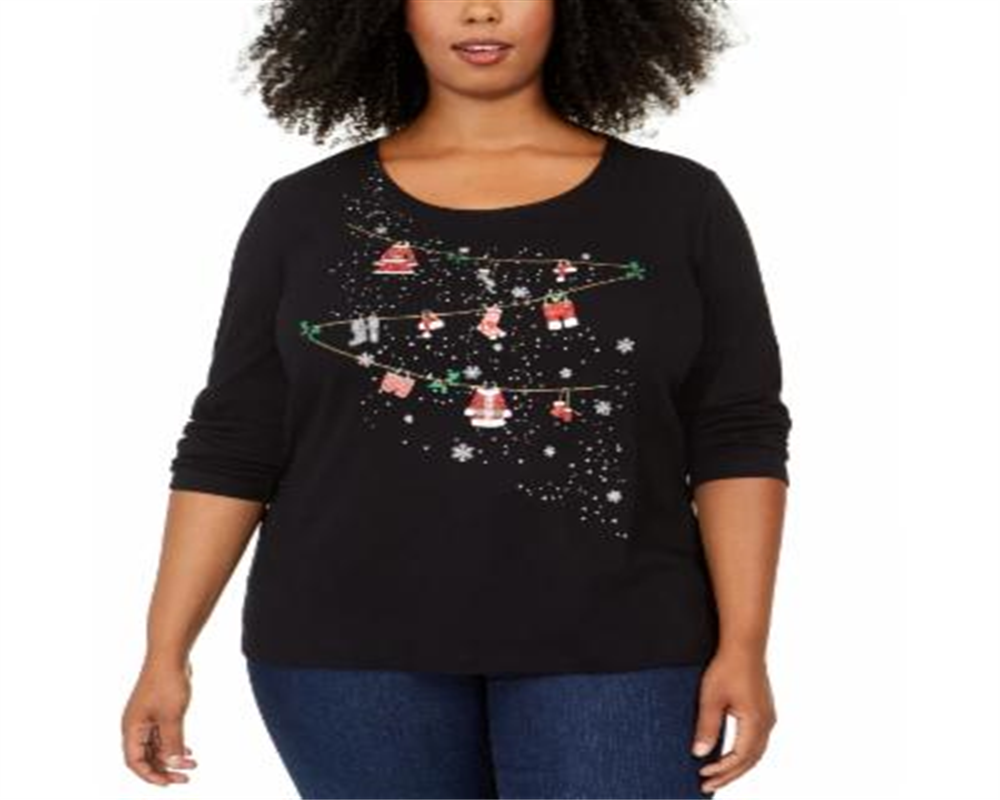 Karen Scott Top Feminino de Algodão com Strass para Festas, Preto, Tamanho 3X