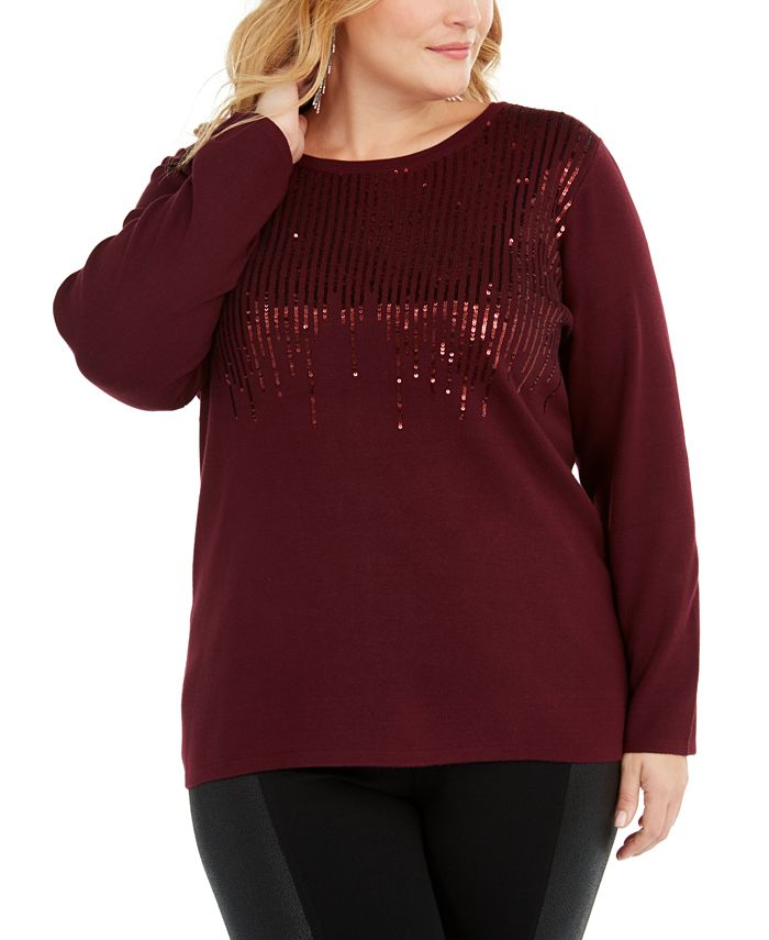 Suéter feminino plus size com lantejoulas e gola redonda, INC International Concepts, vinho, tamanho 1X