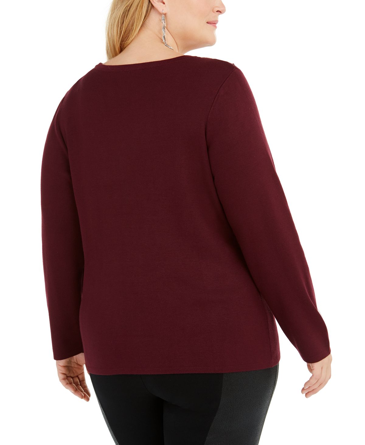 Suéter feminino plus size com lantejoulas e gola redonda, INC International Concepts, vinho, tamanho 1X