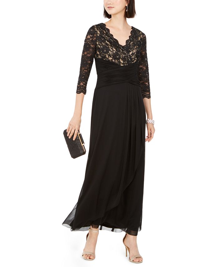 Vestido formal longo com decote em V e renda brilhante Jessica Howard feminino, manga 3/4, preto, tamanho 4, pequeno