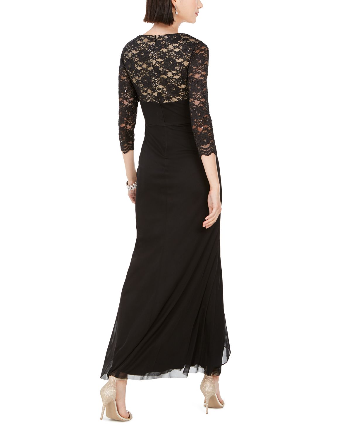 Vestido formal longo com decote em V e renda brilhante Jessica Howard feminino, manga 3/4, preto, tamanho 4, pequeno