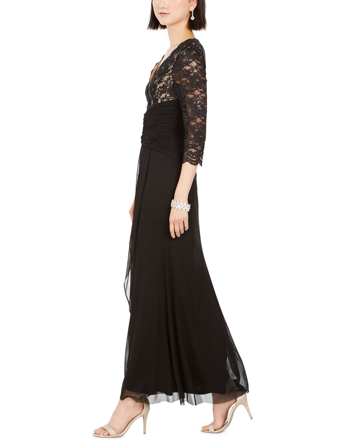 Vestido formal longo com decote em V e renda brilhante Jessica Howard feminino, manga 3/4, preto, tamanho 4, pequeno