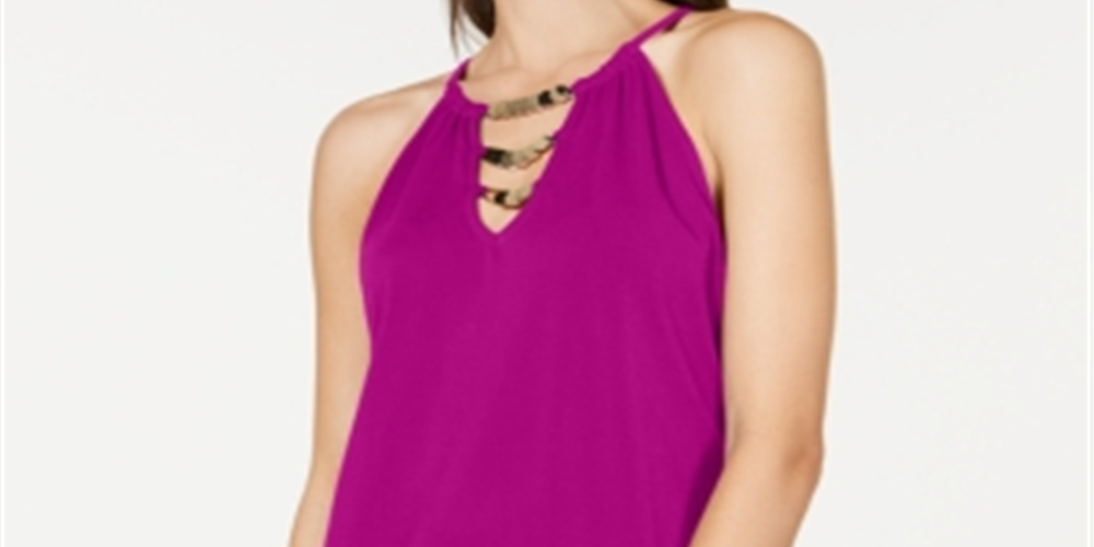 Blusa feminina com decote halter e corrente frontal em círculo neon da INC International Concepts, rosa, tamanho médio