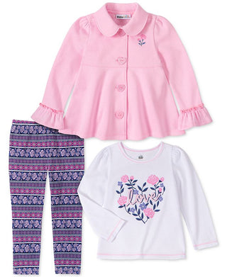 Conjunto infantil Headquarters para meninas, 3 peças, jaqueta de lã, top e leggings estampados, rosa, tamanho 3T