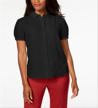 Blusa feminina Anne Klein de manga curta com botões, preta, tamanho 8