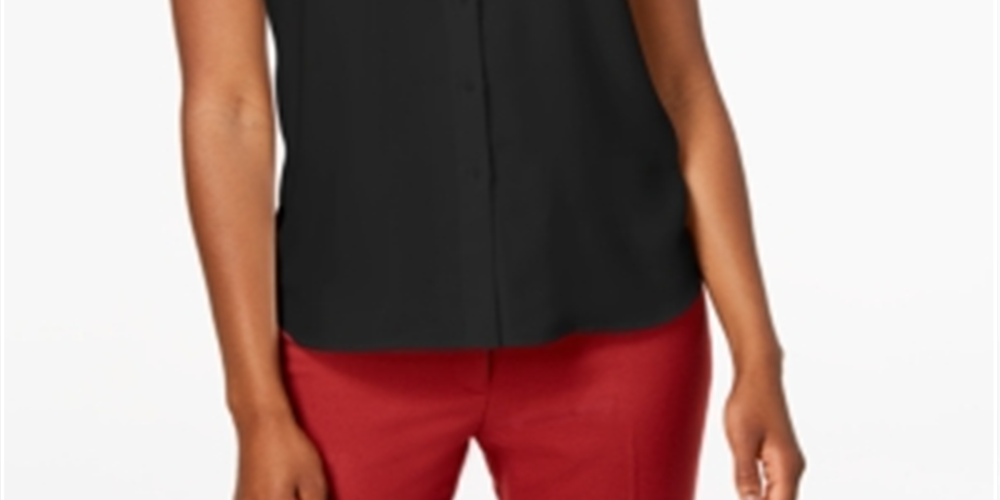 Blusa feminina Anne Klein de manga curta com botões, preta, tamanho 8