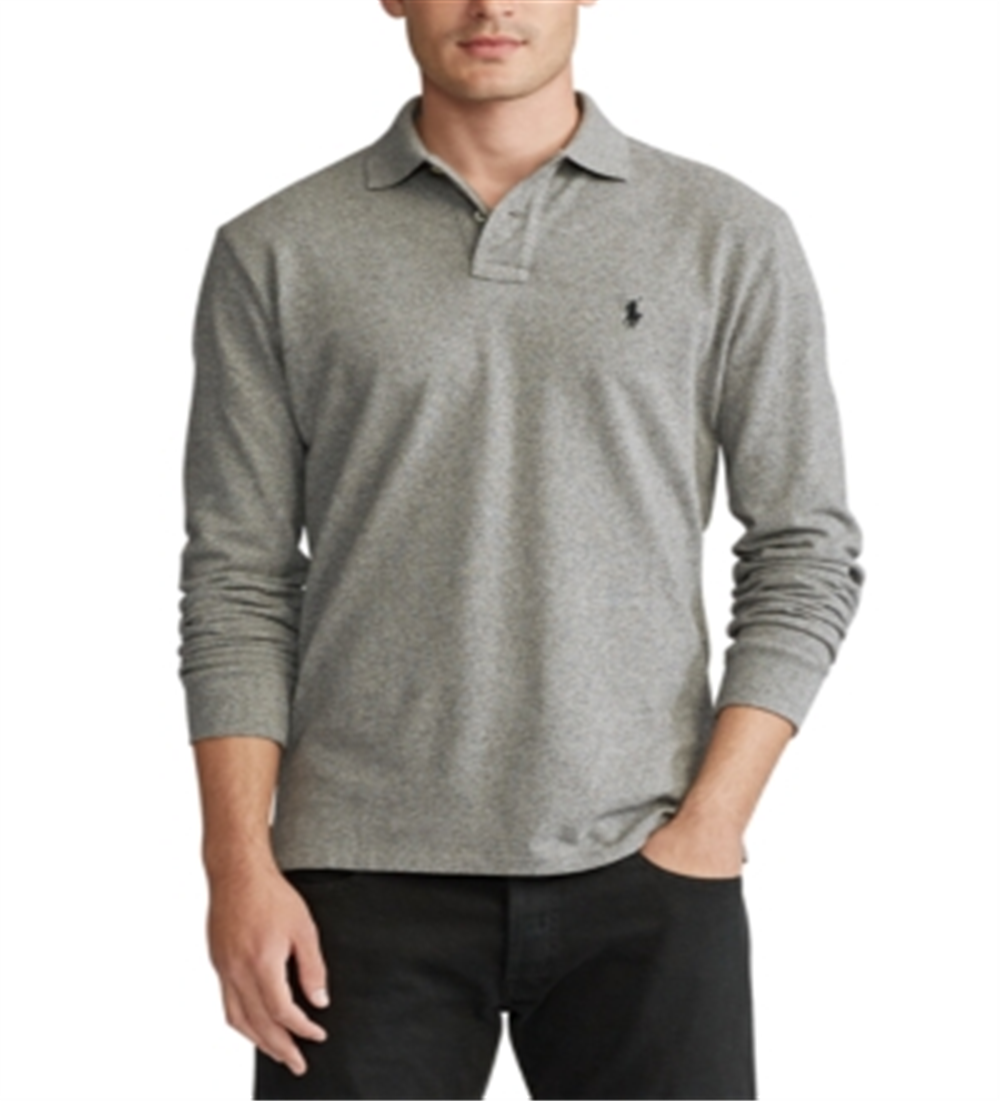 Camisa Ralph Lauren Masculina Manga Longa Grande e Alta, em Malha Sólida, Cinza, Tamanho 2XB