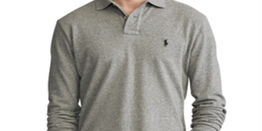 Camisa Ralph Lauren Masculina Manga Longa Grande e Alta, em Malha Sólida, Cinza, Tamanho 2XB