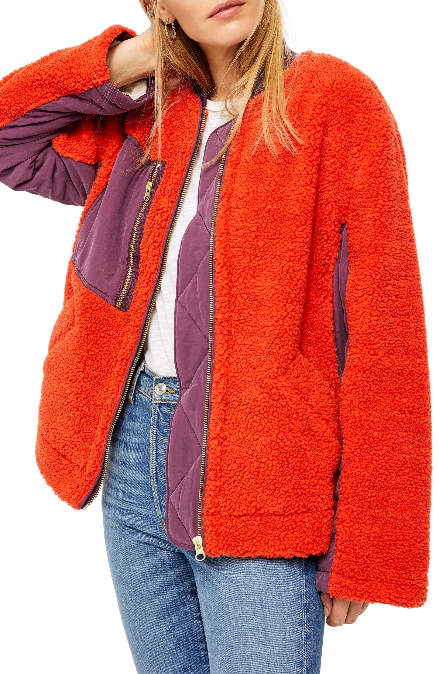 Jaqueta feminina Rivington Sherpa Shearling Colorblock, vermelha, tamanho grande