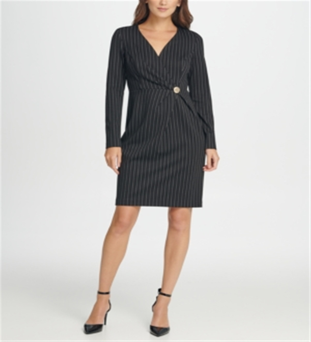 Vestido feminino DKNY com listras de strass e manga comprida, decote em V acima do joelho, para usar no trabalho, preto, tamanho 10