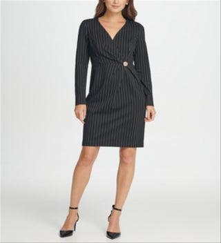 DKNY Women's Rhinestone Pinstripe Long Sleeve V Neck Above the Knee Wrap Wear to Work Dress Black Size 10