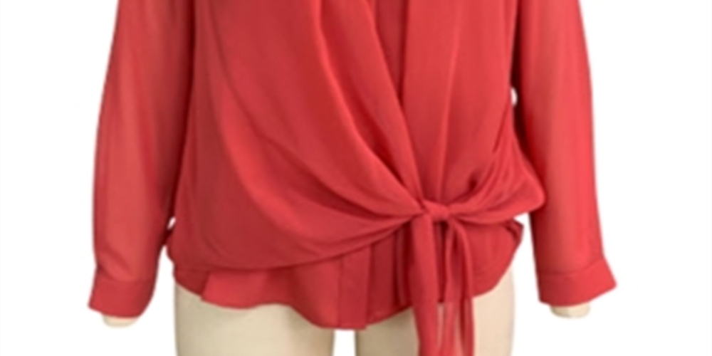 Blusa feminina Alfani com amarração frontal e manga comprida e botões, vermelha, tamanho grande