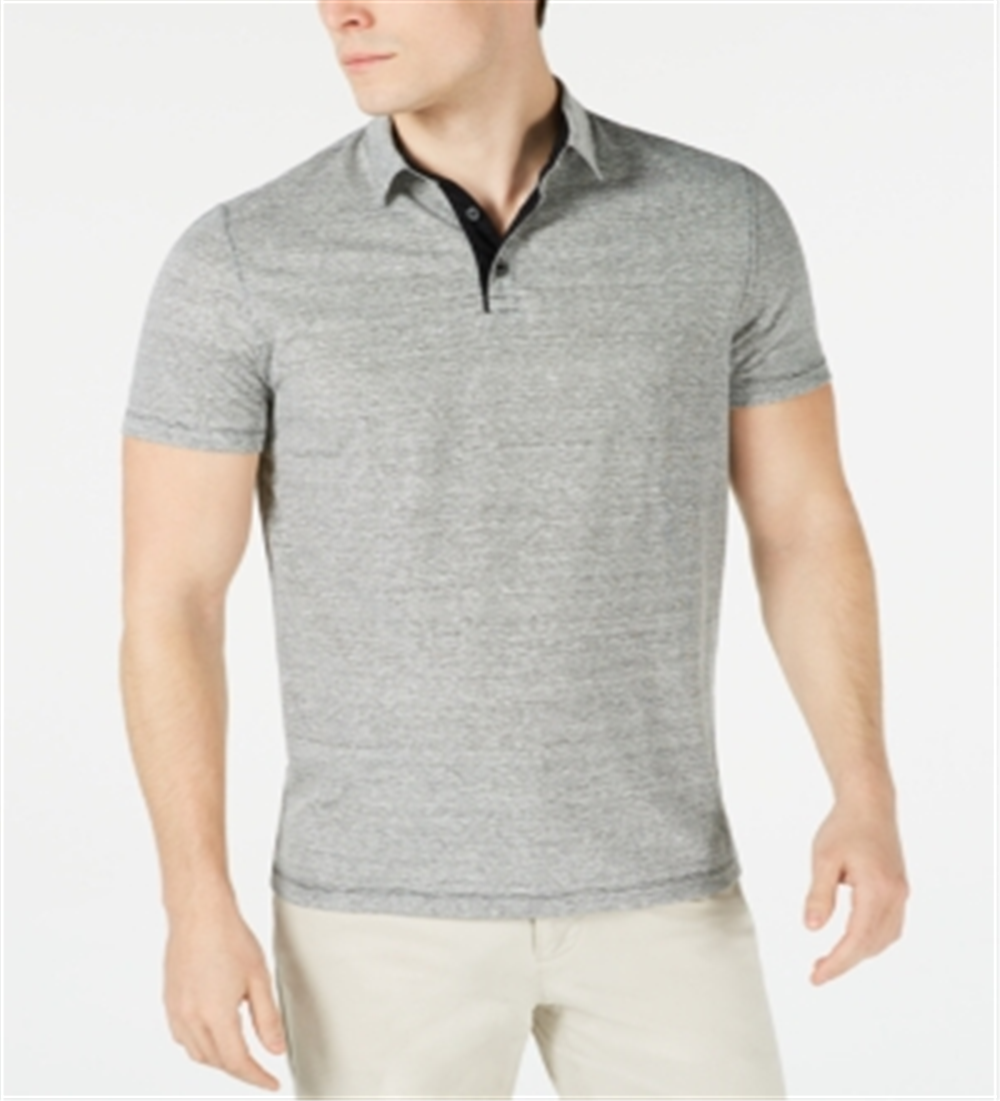 Camisa polo masculina Alfani Regular Fit com listras de ponta a ponta e mistura de linho, cinza, tamanho médio