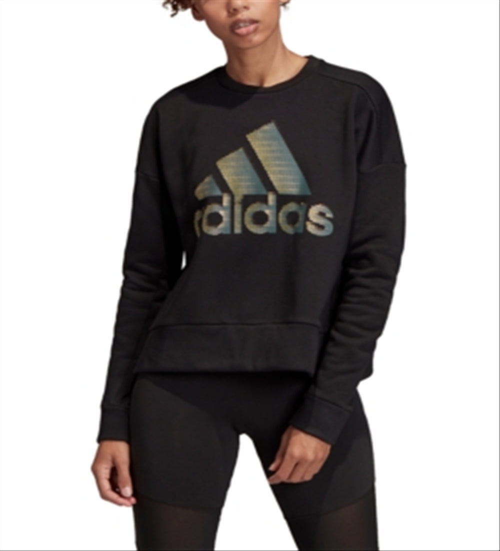 Suéter feminino Adidas com estampa de manga comprida e gola redonda, preto, tamanho XX-S
