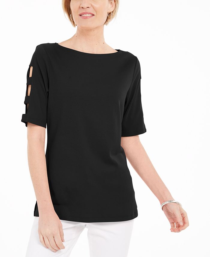 Blusa feminina Karen Scott de algodão com mangas recortadas, preta, tamanho pequeno