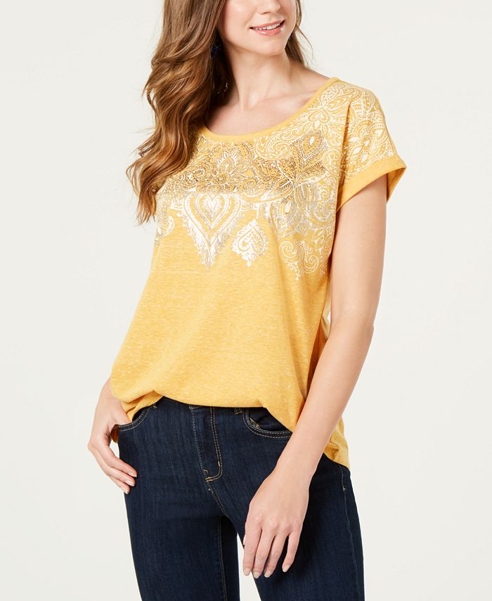 Camiseta feminina com estampa gráfica Style &amp; Co, amarela, tamanho pequeno P