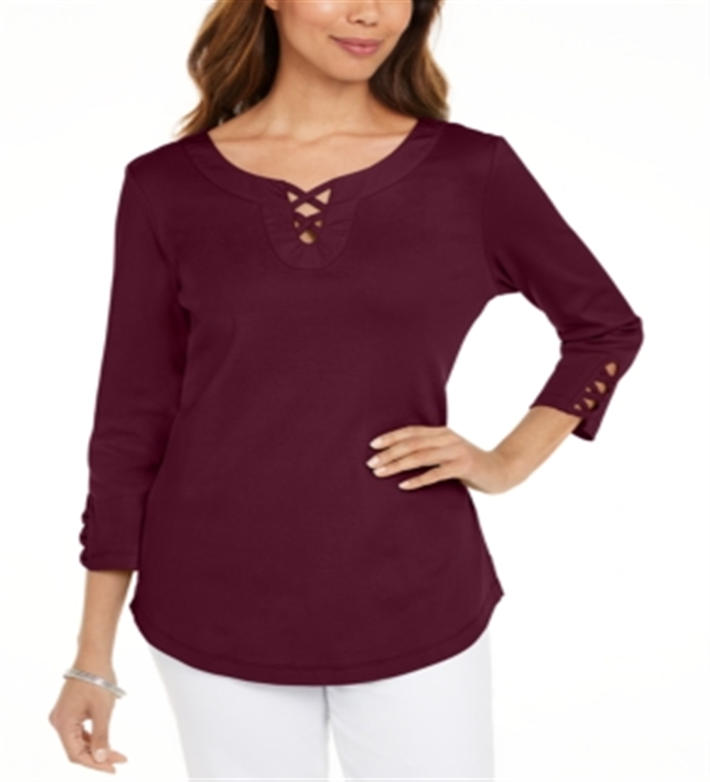 Camiseta feminina Karen Scott de algodão com cadarço, vermelha, tamanho grande