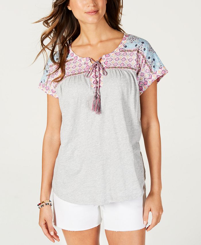 Top feminino com cadarço estampado estilo &amp; co, cinza, tamanho pequeno P