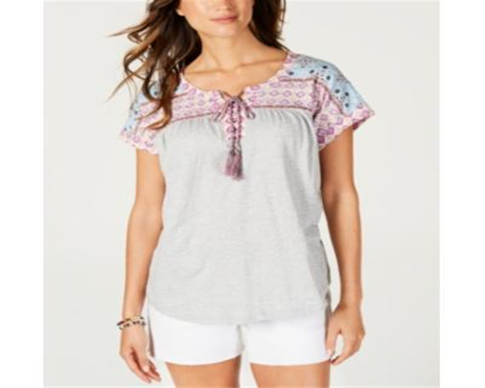 Top feminino com cadarço estampado estilo &amp; co, cinza, tamanho pequeno P