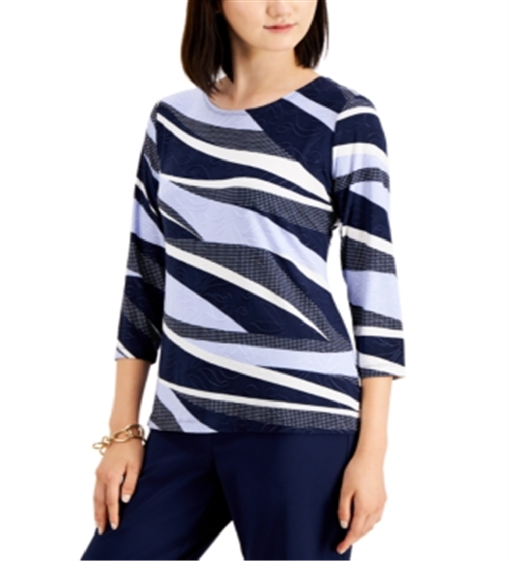 Blusa feminina estampada abstrata JM Collection azul tamanho pequeno