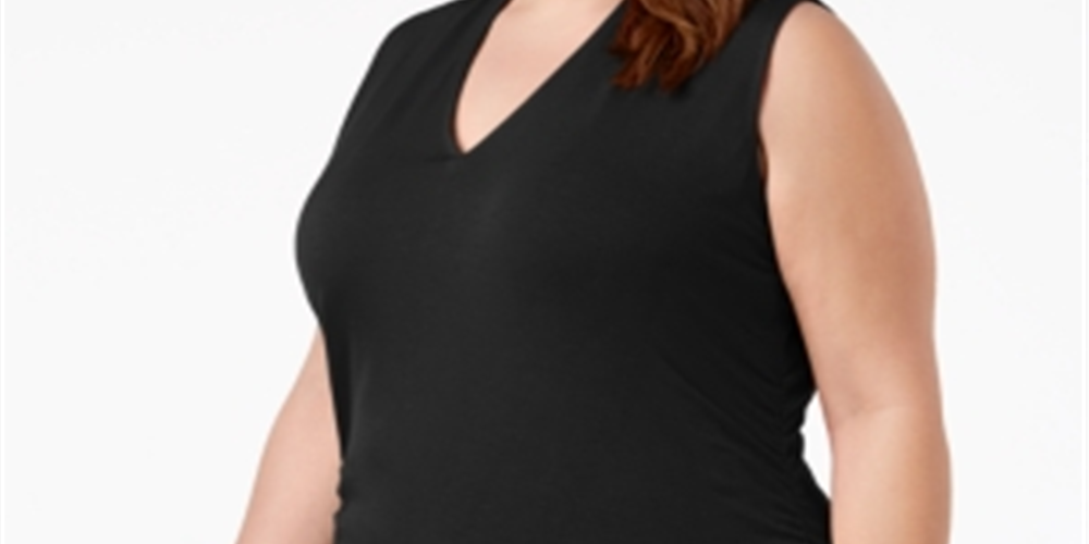 INC International Concepts Regata feminina plus size franzida com decote em V, preta, tamanho M